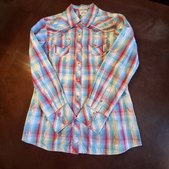 Ariat Western Snap Button Yoke Long Sleeve Metallic Blue Pink Women Size Medium - Picture 7 of 15